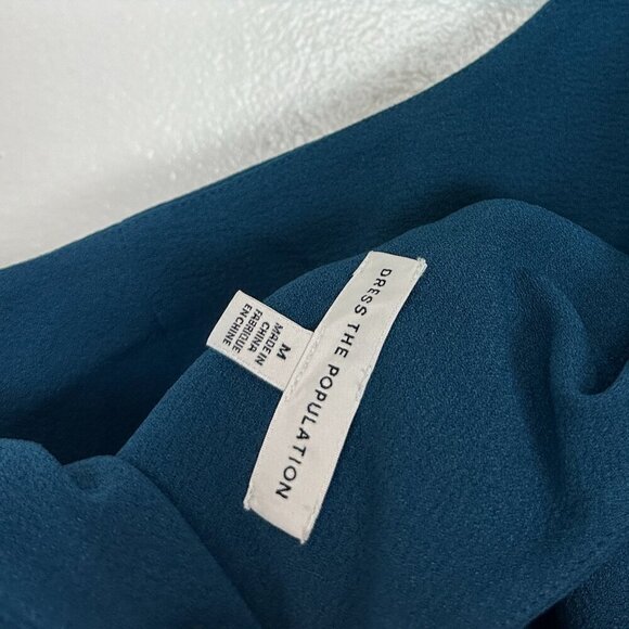 DRESS THE POPULATION Tiffany One-Shoulder Midi Dress in Peacock Blue Size Medium - Picture 8 of 12